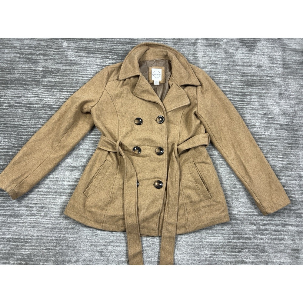 Vine & Valley Pea Coat Womens Large‎ Brown Long Sleeve Jacket Polyester Blend